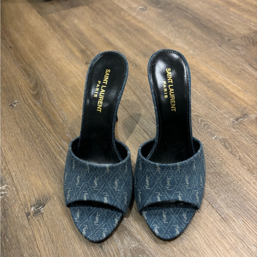 Saint Laurent Denim Slide Mules in Dark Blue